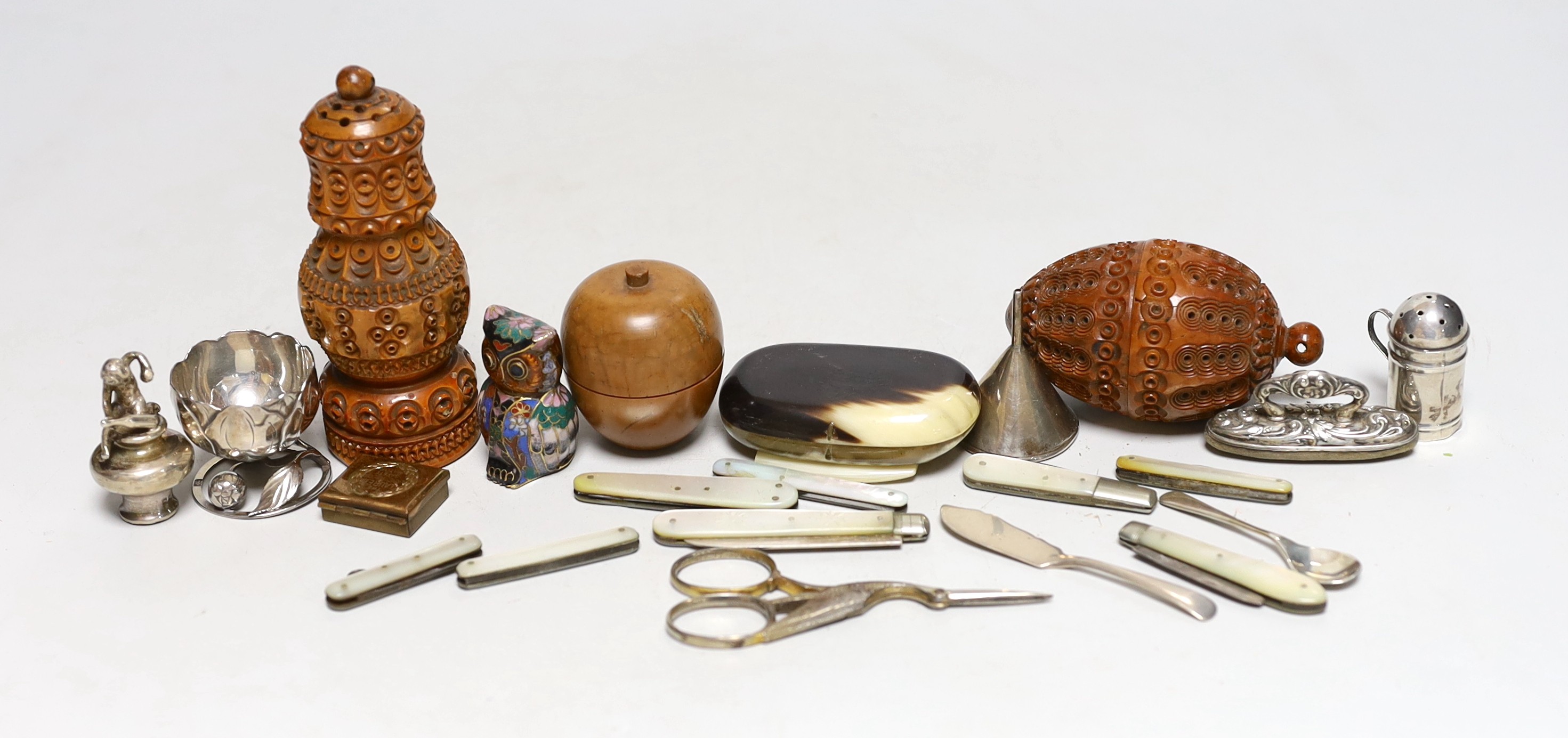 Eight mother of pearl mounted fruit of pocket knives and a small silver funnel, etc, including treen items, small silver pepperette and nail buffer.